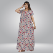 Women's Cotton Printed Nighty/Maxi /Night Dress (Free Size) floral grey