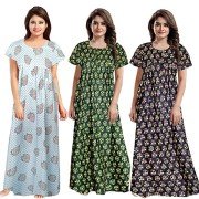 Women's Soft Pure Cotton Half sleeve Nighties ( Set of 3, White/Green/Blue, Free Size)