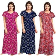 Women's Soft Pure Cotton Half sleeve Nighties ( Set of 3, Magenta/Blue/Red, Free Size)