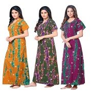 Women's Soft Pure Cotton Half sleeve Nighties (Set of 3, Mustard Yellow/Green/Violet, Free Size)