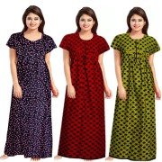 Women's Soft Pure Cotton Half sleeve Nighties (Set of 3, Blue/Red/Green, Free Size)