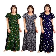 Women's Soft Pure Cotton Half sleeve Nighties ( Set of 3, Green/Grey/Blue, Free Size)