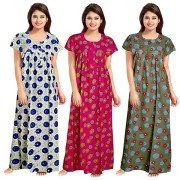 Women's Soft Pure Cotton Half sleeve Nighties ( Set of 3, Blue/Magenta/Green, Free Size)