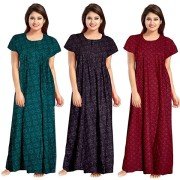 Women's Soft Pure Cotton Half sleeve Nighties ( Set of 3, Blue/Black/Maroon, Free Size)