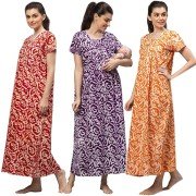 Women's Maternity Feeding Nighty( Set of 3, Red/Purple/Orange, Free Size)