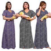 Women's Maternity Feeding Nighty( Set of 3, Purple/Navy Blue/Black, Free Size)