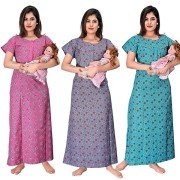 Women's Maternity Feeding Nighty( Set of 3, Pink/Purple/Blue, Free Size)