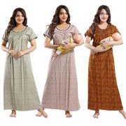 Women's Maternity Feeding Nighty( Set of 3, Green/Beige/Brown, Free Size)