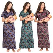 Women's Maternity Feeding Nighty( Set of 3, Blue/Green/Purple, Free Size)