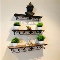 Decorhand Wall Mount Set of 3 Iron Wall Shelves Wooden (Brown)