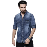 Men's Blue Slim Fit Faded Casual Denim Shirt