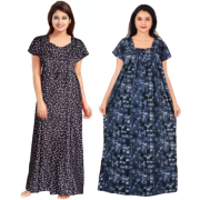 Women's Cotton Printed Regular Nighty/Maxi /Night Dress Pack of 2 (Free Size) Navy blue & Black