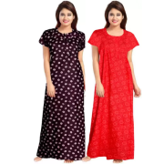 Women's Cotton Printed Regular Nighty/Maxi /Night Dress Pack of 2 (Free Size), Black & Red