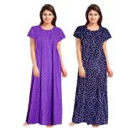 Women's Cotton Printed Regular Nighty/Maxi /Night Dress Pack Of 2 (Free Size) Light blue & Violet