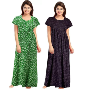 Women's Cotton Printed Regular Nighty/Maxi /Night Dress Pack Of 2 (Free Size) Black & Green