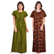 Women's Cotton Printed Regular Nighty/Maxi /Night Dress Pack Of 2 (Free Size) Brown & Green