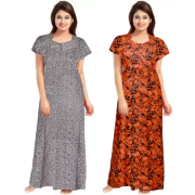 Women's Cotton Printed Regular Nighty/Maxi /Night Dress Pack Of 2 (Free Size) Orange & Grey