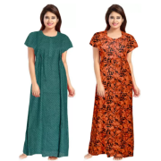 Women's Cotton Printed Regular Nighty/Maxi /Night Dress Pack Of 2 (Free Size) Green & Orange