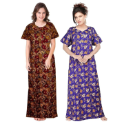 Women's Cotton Printed Regular Nighty/Maxi /Night Dress Pack of 2 (Free Size) Brown & Blue