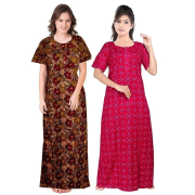 Women's Cotton Printed Regular Nighty/Maxi /Night Dress Pack of 2 (Free Size) Brown & Pink