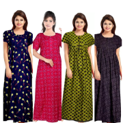 Women's Cotton Printed Regular Nighty/Maxi /Night Dress Pack Of 4 (Free Size) Black, Green, Pink, Blue