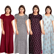 Women's Cotton Printed Regular Nighty/Maxi /Night Dress Pack Of 4 (Free Size) Black, Grey ,red ,Blue