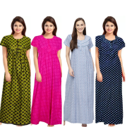 Women's Cotton Printed Regular Nighty/Maxi /Night Dress Pack Of 4 (Free Size) Blue, Green ,Black ,Red