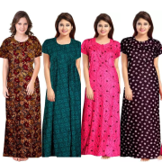 Women's Cotton Printed Regular Nighty/Maxi /Night Dress Pack Of 4 (Free Size) Black, Grey ,Red ,Blue