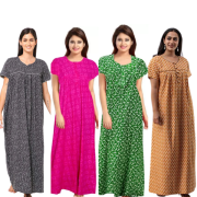 Women's Cotton Printed Regular Nighty/Maxi /Night Dress Pack Of 4 (Free Size) Grey, Yellow, pink ,green