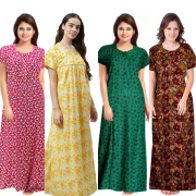 Women's Cotton Printed Regular Nighty/Maxi /Night Dress Pack Of 4 (Free Size) Pink, yellow, Grey, Brown