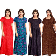 Women's Cotton Printed Regular Nighty/Maxi /Night Dress Pack Of 4 (Free Size) Black, Grey ,Red ,Blue