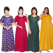 Women's Cotton Printed Regular Nighty/Maxi /Night Dress Pack Of 4 (Free Size) Yellow , Grey , Blue , Red