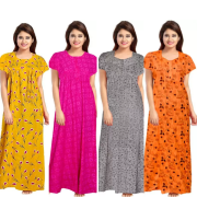 Women's Cotton Printed Regular Nighty/Maxi /Night Dress Pack Of 4 (Free Size) Yellow, Pink , Brown , Grey