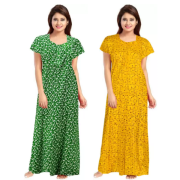 Women's Cotton Printed Regular Nighty/Maxi /Night Dress Pack Of 2 (Free Size) Yellow & Green