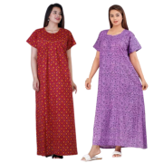 Women's Cotton Printed Regular Nighty/Maxi /Night Dress Pack Of 2 (Free Size) Black & Green