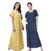 Women's Cotton Printed Regular Nighty/Maxi /Night Dress Pack Of 2 (Free Size) Yellow & Blue