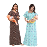 Women’s Maternity/Nursing Nighty /Maxi /Night Dress Pack of 2 (Free Size) Brown & Blue