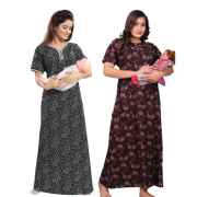 Women’s Maternity/Nursing Nighty /Maxi /Night Dress Pack of 2 (Free Size) Grey & Brown 