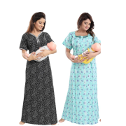 Women’s Maternity/Nursing Nighty /Maxi /Night Dress Pack of 2 (Free Size) Black & Blue