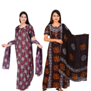 Women's Cotton Printed Regular Nighty With Dupatta/Maxi /Night Dress Pack Of 2 (Free Size) Black & Brown