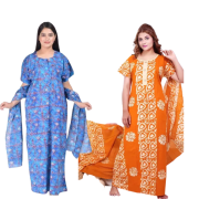 Women's Cotton Printed Regular Nighty with dupatta/Maxi /Night Dress Pack Of 2 (Free Size) Yellow & Blue