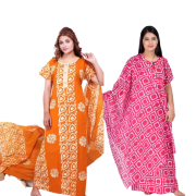 Women's Cotton Printed Regular Nighty With Dupatta/Maxi /Night Dress Pack Of 2 (Free Size) Pink & Yellow