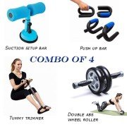 Fitness Equipments (Combo of 4- S shaped Push Up Bar, Tummy Trimmer, Suction Sit Up Bar, Abs Double Wheel Roller)