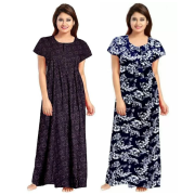 Women's Cotton Printed Regular Nighty/Maxi /Night Dress Pack of 2 (Free Size) Navy blue & Black