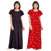 Women's Cotton Printed Regular Nighty/Maxi /Night Dress Pack of 2 (Free Size), Black & Red