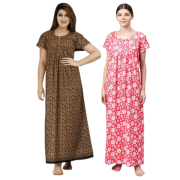 Women's Cotton Printed Regular Nighty/Maxi /Night Dress Pack of 2 (Free Size) Brown & Pink