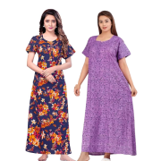 Women's Cotton Printed Regular Nighty/Maxi /Night Dress Pack Of 2 (Free Size) Light blue & Violet