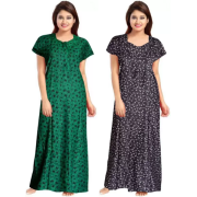 Women's Cotton Printed Regular Nighty/Maxi /Night Dress Pack Of 2 (Free Size) Black & Green