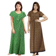 Women's Cotton Printed Regular Nighty/Maxi /Night Dress Pack Of 2 (Free Size) Brown & Green