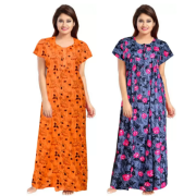 Women's Cotton Printed Regular Nighty/Maxi /Night Dress Pack Of 2 (Free Size) Orange & Grey